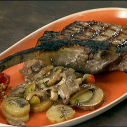 Grilled Veal Chop with Fingerlings, Mushrooms and Cherry Peppers