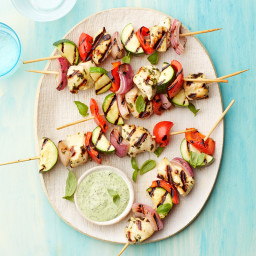Grilled vegetable and chicken skewers with creamy pesto