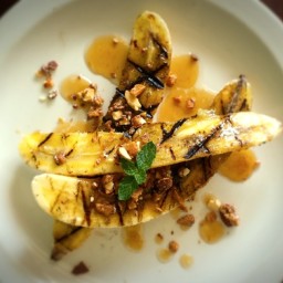 Grilled Bananas with Buttered Maple Sauce and English Almond Toffee