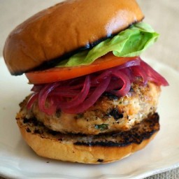 Grilled Cheesy Turkey Burgers with Quick-Pickled Red Onions