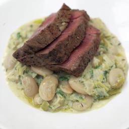 Grilled fillet steak with the creamiest white beans & leeks