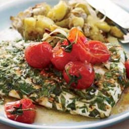 Grilled Halibut with Smashed Fingerlings and Tomato Butter