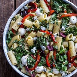 Grilled Kale and Veggie Tuscan Pasta Salad with Mozzarella + Blue Cheese