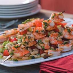 Grilled Shrimp Skewers over White Bean Salad