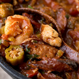 “Gumbo-laya” Stew with Spicy Sausage, Chicken, Shrimp and Okra over Fragran