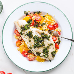 Hake with salsa verde and tomato millet