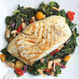 Halibut with Braised Kale, Beans and Tomatoes