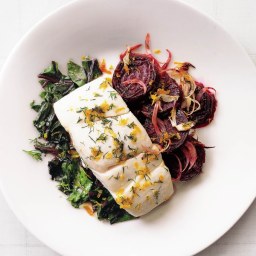 Halibut with Roasted Beets, Beet Greens, and Dill-Orange Gremolata