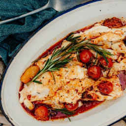 Halibut with Spicy Sausage, Tomatoes, and Rosemary