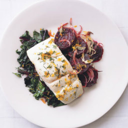 Halibut with Roasted Beets, Beet Greens, and Dill-Orange Gremolata