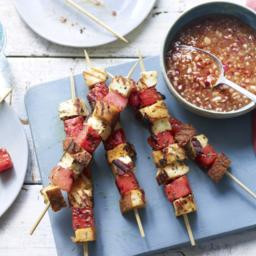 Halloumi and watermelon skewers with tamarind dip 