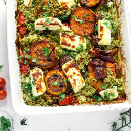 Halloumi Tray Bake with Pesto Rice & Roasted Vegetables