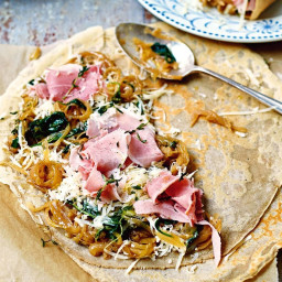 Ham and cheese buckwheat crepes with cider onions