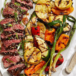 Hanger Steak with Kimchi Glaze and Miso Butter–Grilled Vegetables