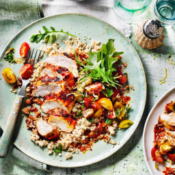 Harissa chicken with cauliflower couscous and chermoula tomatoes
