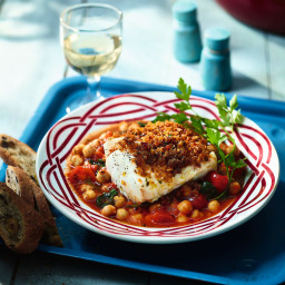 Harissa Crusted Cod with Quick Chickpea, Spinach & Tomato Stew