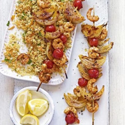 Harissa prawn skewers with carroty couscous