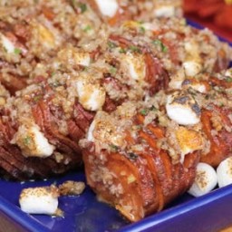 Hasselback Sweet Potatoes Stuffed With Marshmallows and Maple-Pecan Crumble