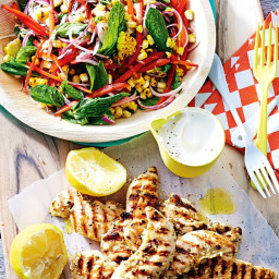Hayden Quinn's charred lemon chicken with barbecued corn and mint salad