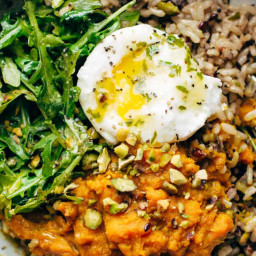Healing Bowls with Turmeric Sweet Potatoes, Poached Eggs, and Lemon Dressin