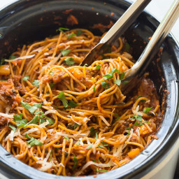 Healthier Slow Cooker Spaghetti and Meat Sauce + VIDEO