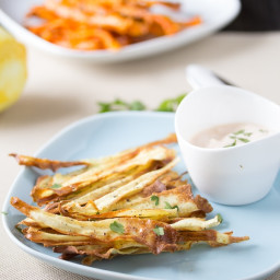 Healthy Baked Carrot Chips with Spicy Harissa Yogurt Dip