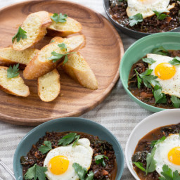 Hearty Beluga Lentil Stewwith Fried Eggs and Pecorino Cheese Toast