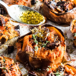 Herb and Garlic Butter Smashed Sweet Potatoes Smoky Pecans