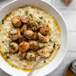 Herb Brown Butter Scallops with Champagne Risotto.