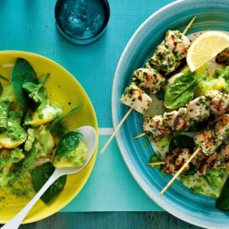 Herbed chicken skewers with pea pesto potato salad