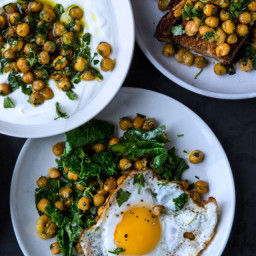 Herbed Chickpeas with wilted greens and eggs
