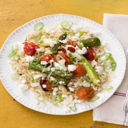 Herby Asparagus and Tomato Bake with Israeli Couscous, Thyme, and Feta