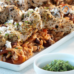 Herby Chicken Kebabs with Olive-Studded Orzo