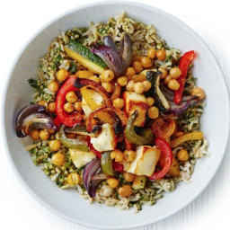 Herby rice with roasted veg, chickpeas and halloumi