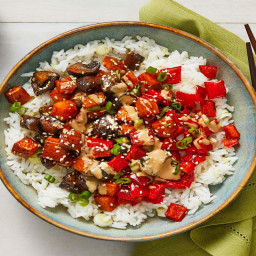 Hoisin-Sesame Roasted Veggie Bowls with Ginger Rice & Spicy Soy Mayo
