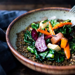 Roasted Root Veggies and Greens over Spiced Lentils