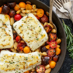 Pan Seared Halibut with Rosemary Tomatoes and White Beans
