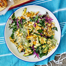 Grilled Squash, Corn and Kale Salad with Sunflower Seed Vinaigrette
