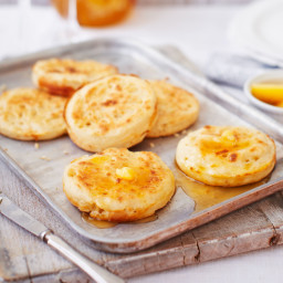 Homemade crumpets with burnt honey butter