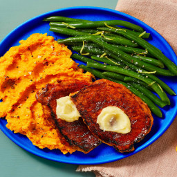 Honey Butter BBQ Pork Cutlets with Mashed Sweet Potatoes & Lemony Green Bea