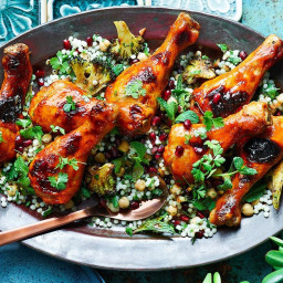 Honey-glazed chicken drumsticks with pearl couscous salad