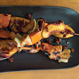 Honey-Glazed Chicken, Sweet Potato, and Peach Skewers