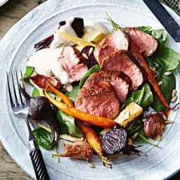 Honey-glazed lamb with smoked yoghurt and roasted root vegetables