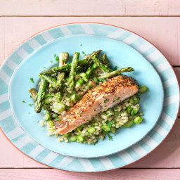 Honey Mustard Salmon with Roasted Asparagus and Israeli Couscous Pilaf