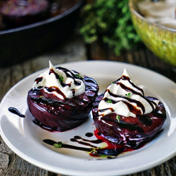 Honey Roasted Pluots with Thyme, Balsamic Syrup and Mascarpone Creme