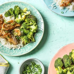 Honey Sesame Chicken Tenders with Broccoli over Jasmine Rice