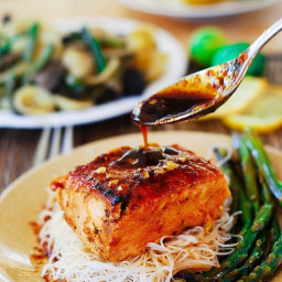 Honey Sesame Salmon with Rice Noodles and Asparagus