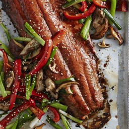 Honey-Soy Glazed Salmon with Mushrooms and Peppers
