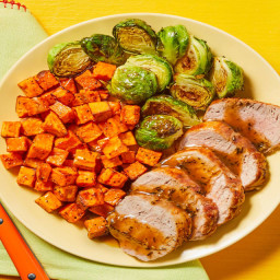 Honey Thyme Pork Tenderloin with Roasted Sweet Potatoes & Brussels Sprouts
