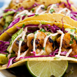 Honey Lime Tequila Shrimp Tacos with Avocado, Purple Slaw and Chipotle Crem